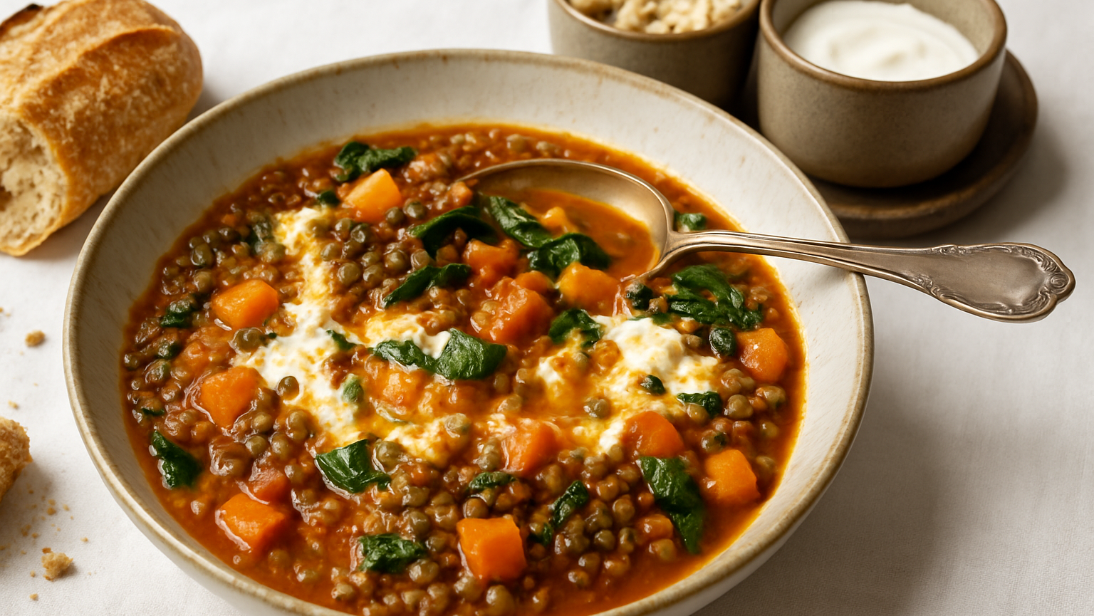 Linseneintopf mit Süßkartoffeln und Spinat